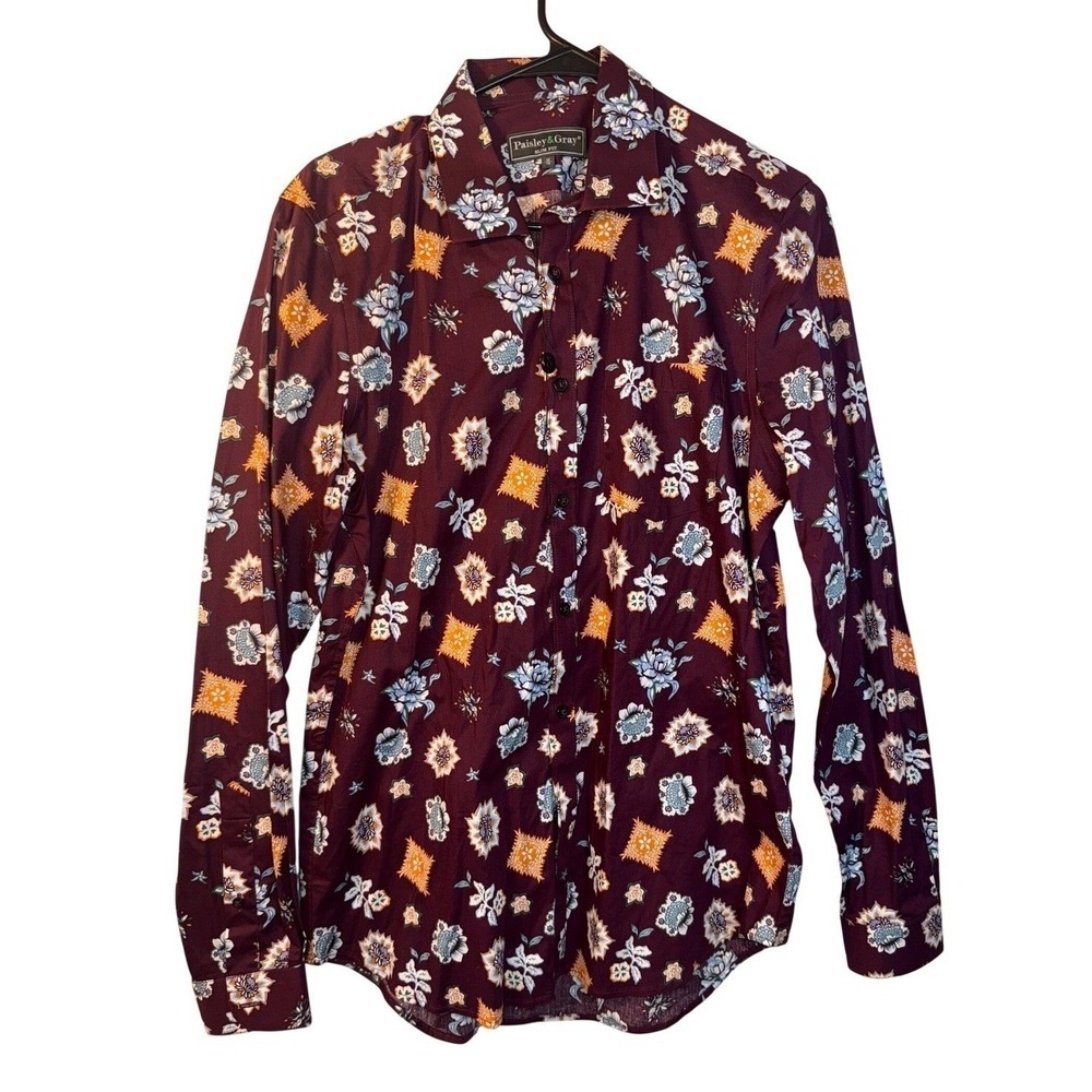 Paisley & Gray Slim Fit Burgundy Floral Holiday Print Dress Shirt Mens Medium